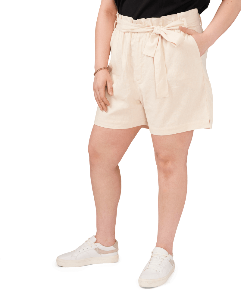 Front of a model wearing a size 14W Brena Paperbag Short in WHITECAP GREY by 1.State. | dia_product_style_image_id:262389